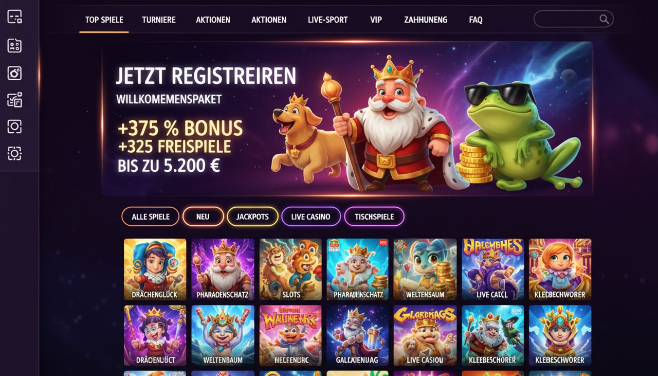 Lobby eines Online Casinos mit Willkommensbanner und Spielauswahl