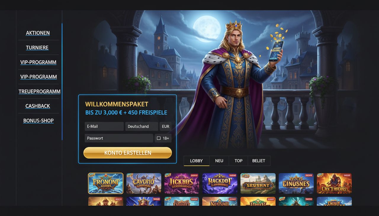 Startseite von King Billy mit Registrierungsformular, Willkommenspaket und Spielelobby