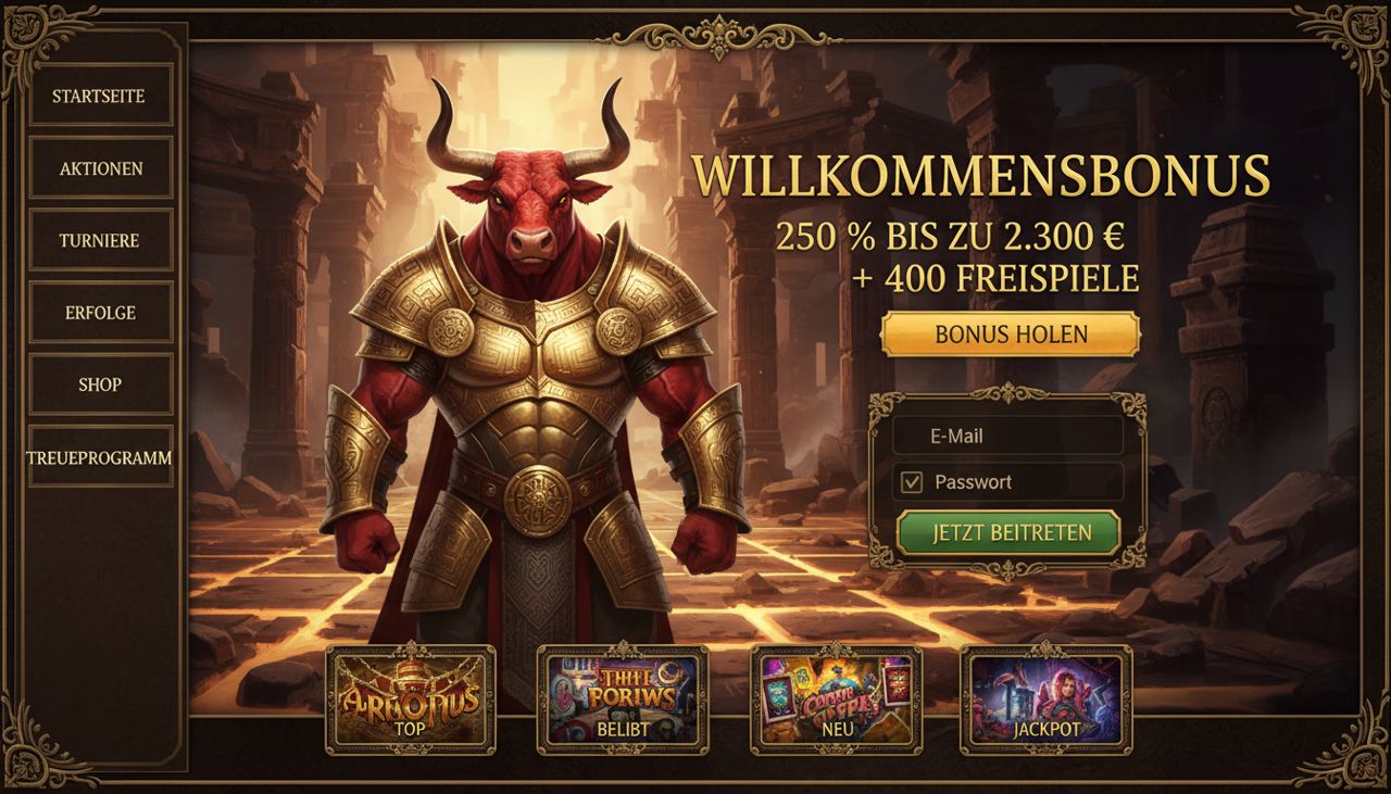 Startseite von Mino Casino mit Willkommensbonus, Navigation und Spielekategorien