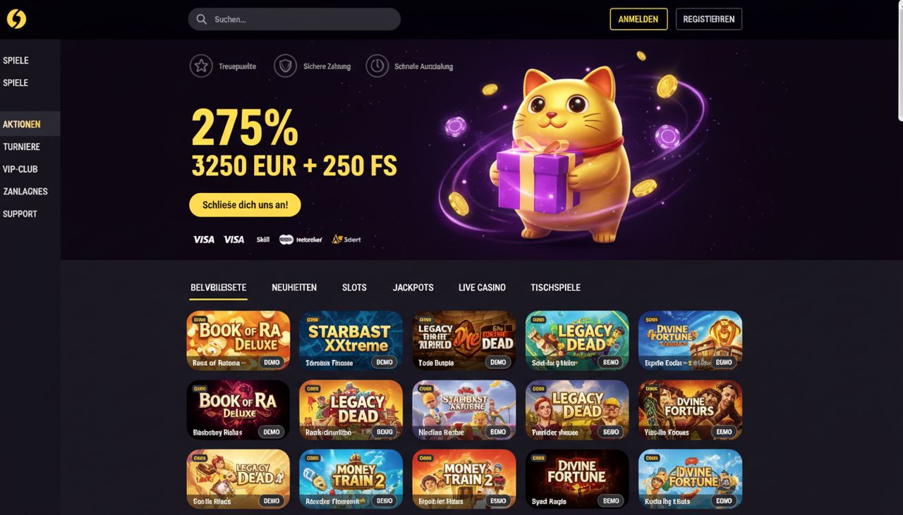 Startseite von Zoome Casino mit Willkommensbonus und Spieleauswahl