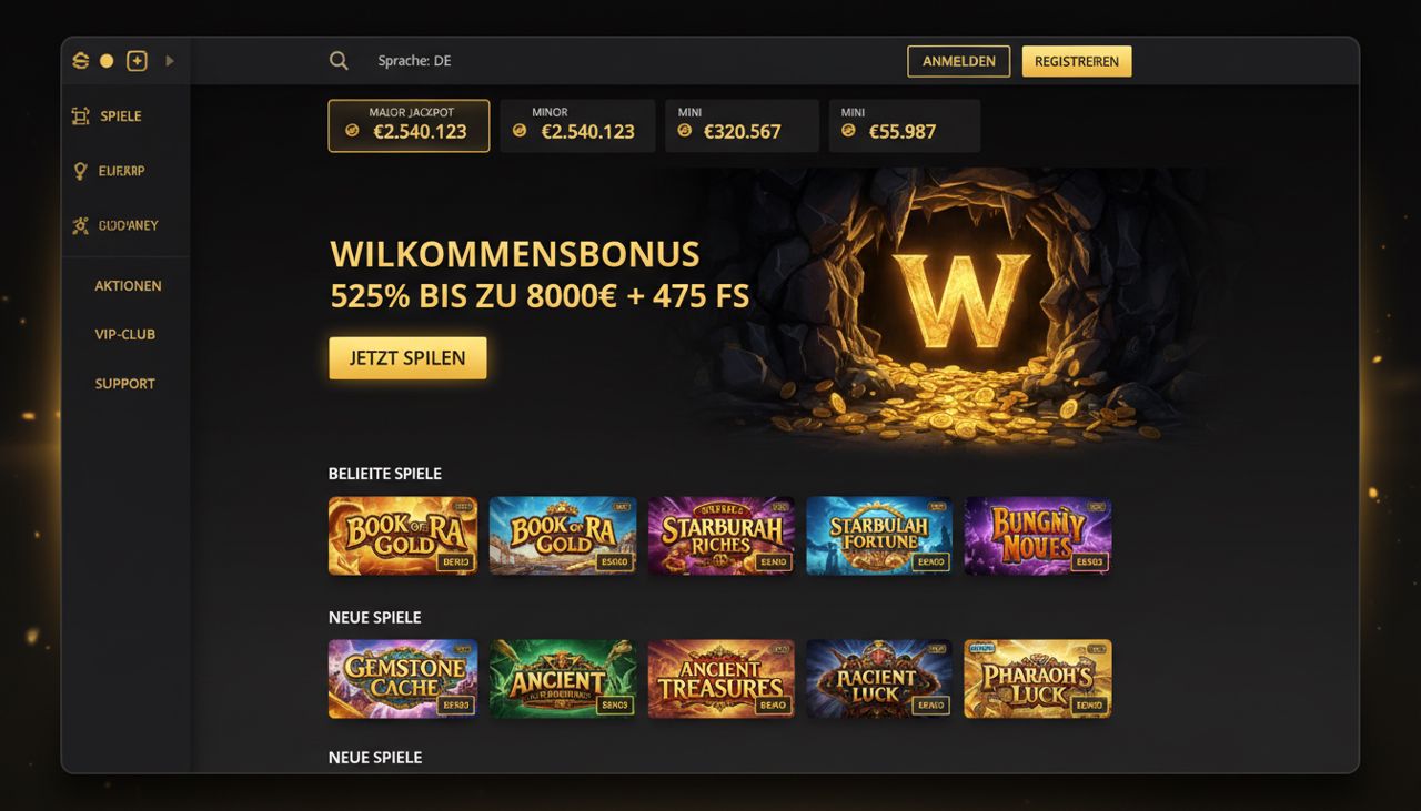 Startseite von Winhero mit Willkommensbonus und Übersicht der Casino Spiele
